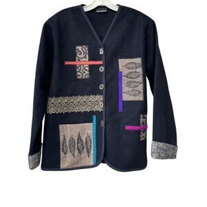 Lynn Murray Black Felt Wool Colorful Wearable Art Applique Patches Jacket Coat M
